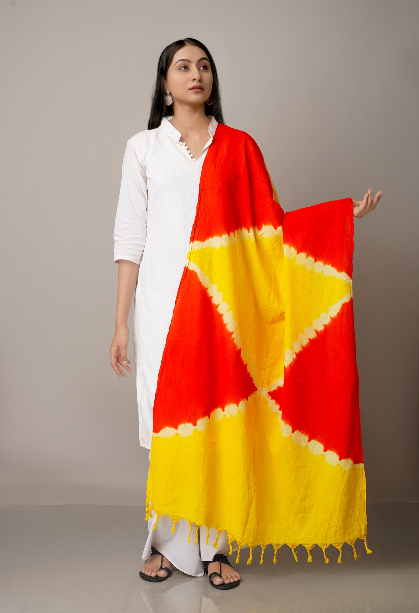 Yellow-Orange Pure Tie- Dye Shibori Cotton Dupatta-UDS3660