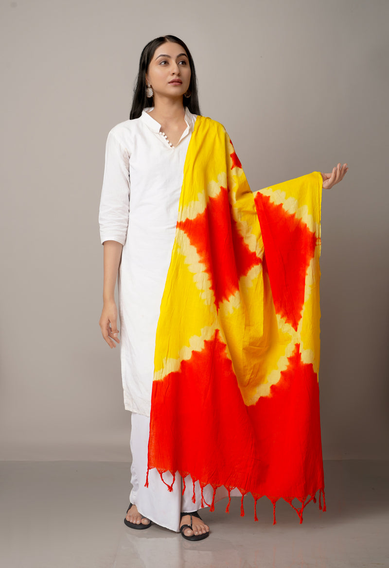 Yellow-Orange Pure Tie- Dye Shibori Cotton Dupatta-UDS3662