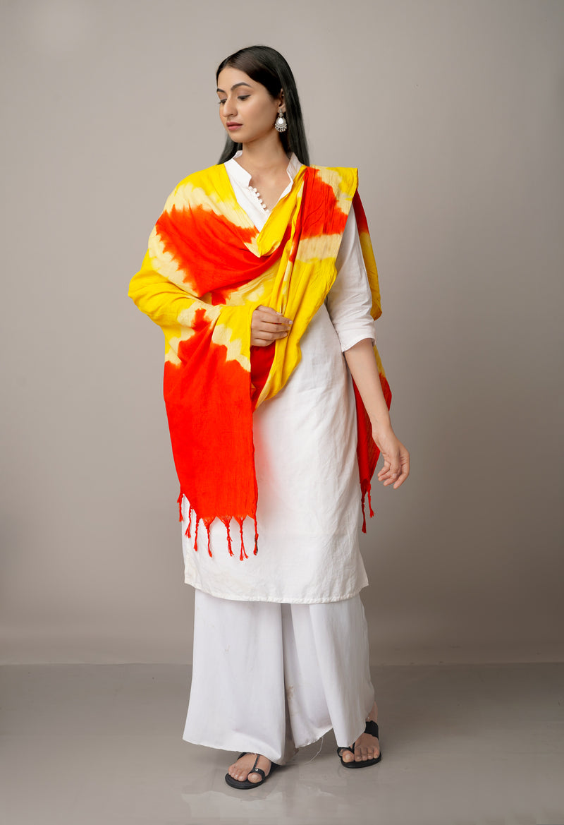 Yellow-Orange Pure Tie- Dye Shibori Cotton Dupatta-UDS3662