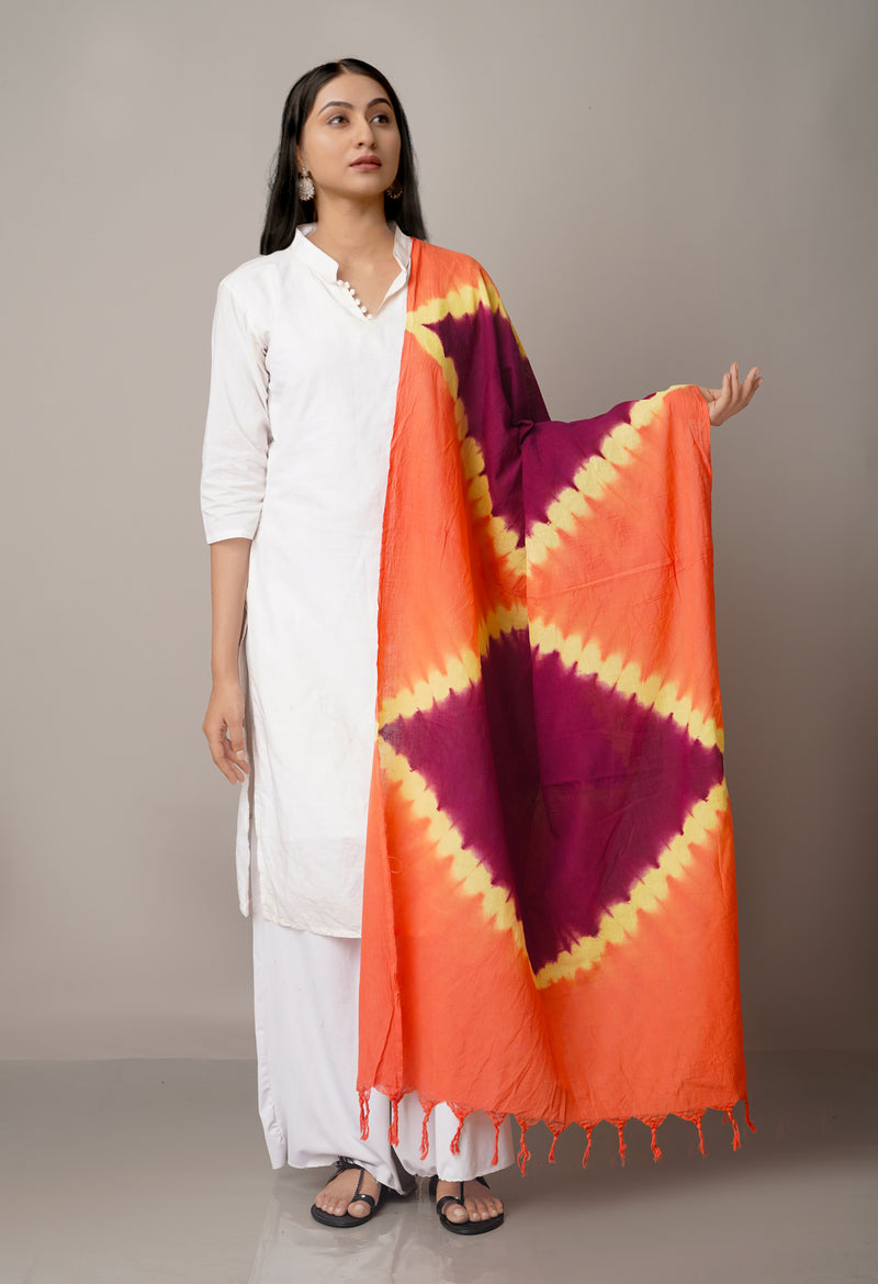 Dark Purple-Baby Pink Pure Tie- Dye Shibori Cotton Dupatta-UDS3665