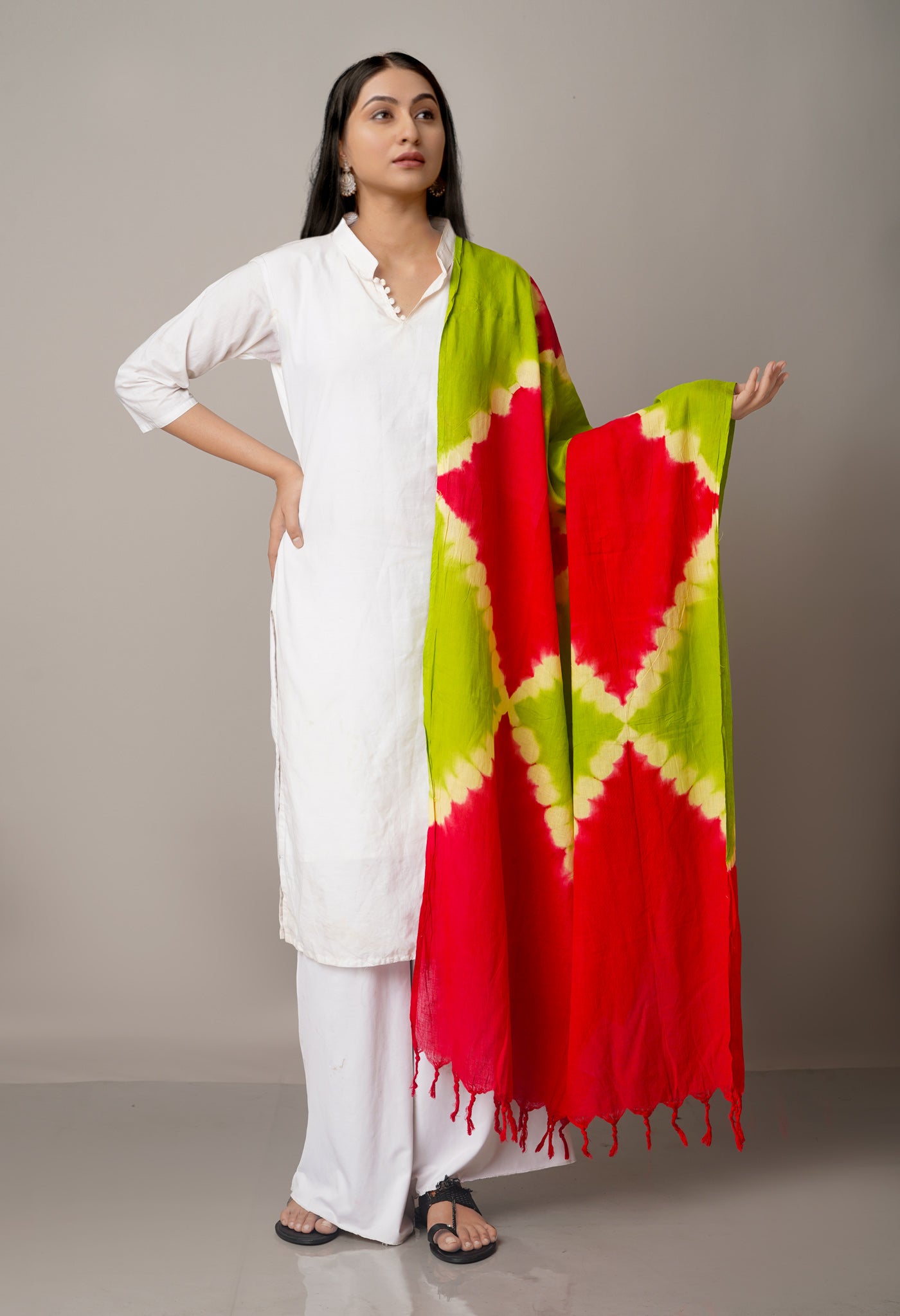 Red-Green Pure Tie- Dye Shibori Cotton Dupatta-UDS3666