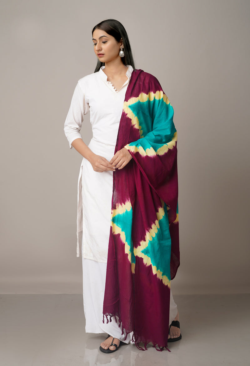 Dark Purple-Green Pure Tie- Dye Shibori Cotton Dupatta-UDS3667