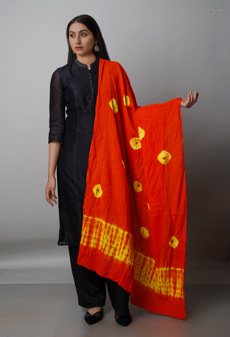Orange Pure Tie- Dye Shibori Cotton Dupatta-UDS3743