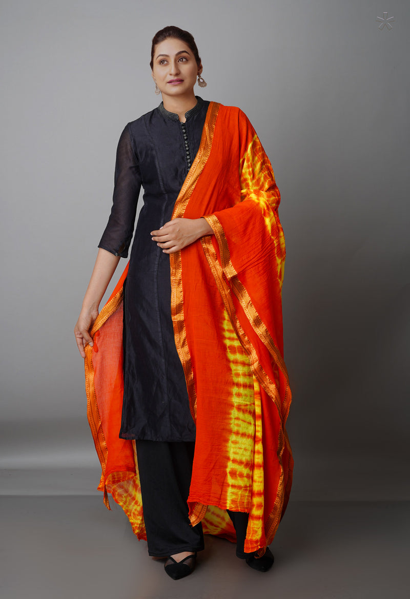 Orange Pure Tie- Dye Shibori Cotton Dupatta-UDS3745