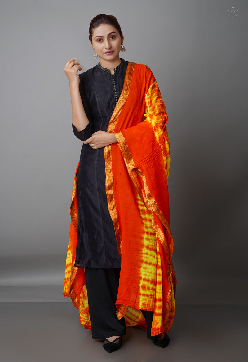 Orange Pure Tie- Dye Shibori Cotton Dupatta-UDS3745