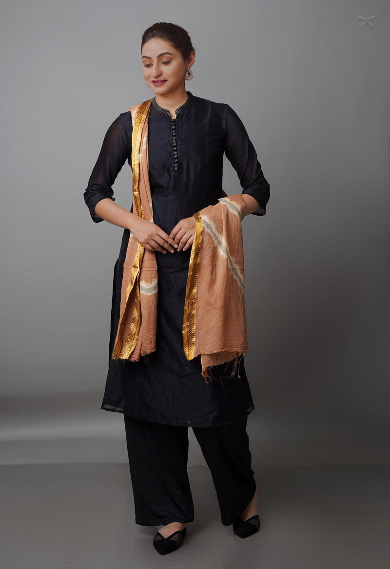 Light Brown Pure Tie- Dye Shibori Cotton Dupatta-UDS3773