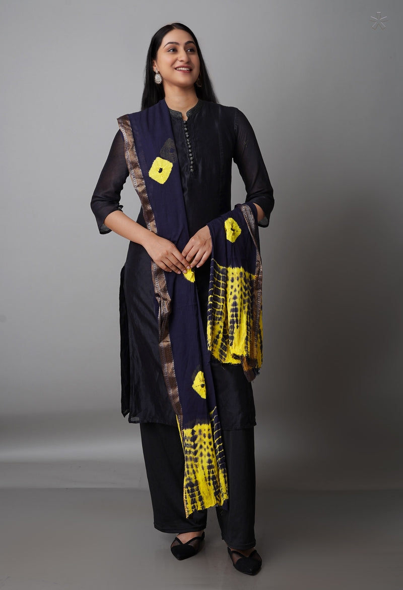 Black Pure Tie- Dye Shibori Cotton Dupatta-UDS3775