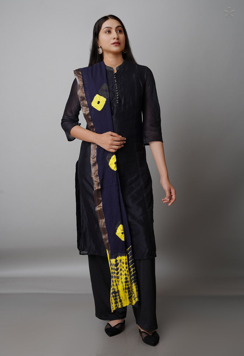 Black Pure Tie- Dye Shibori Cotton Dupatta-UDS3775