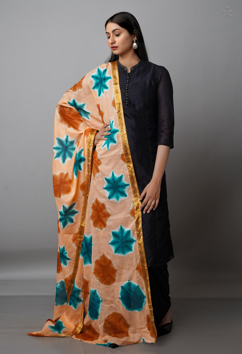 Peach Orange Pure Tie- Dye Shibori Cotton Dupatta-UDS3803