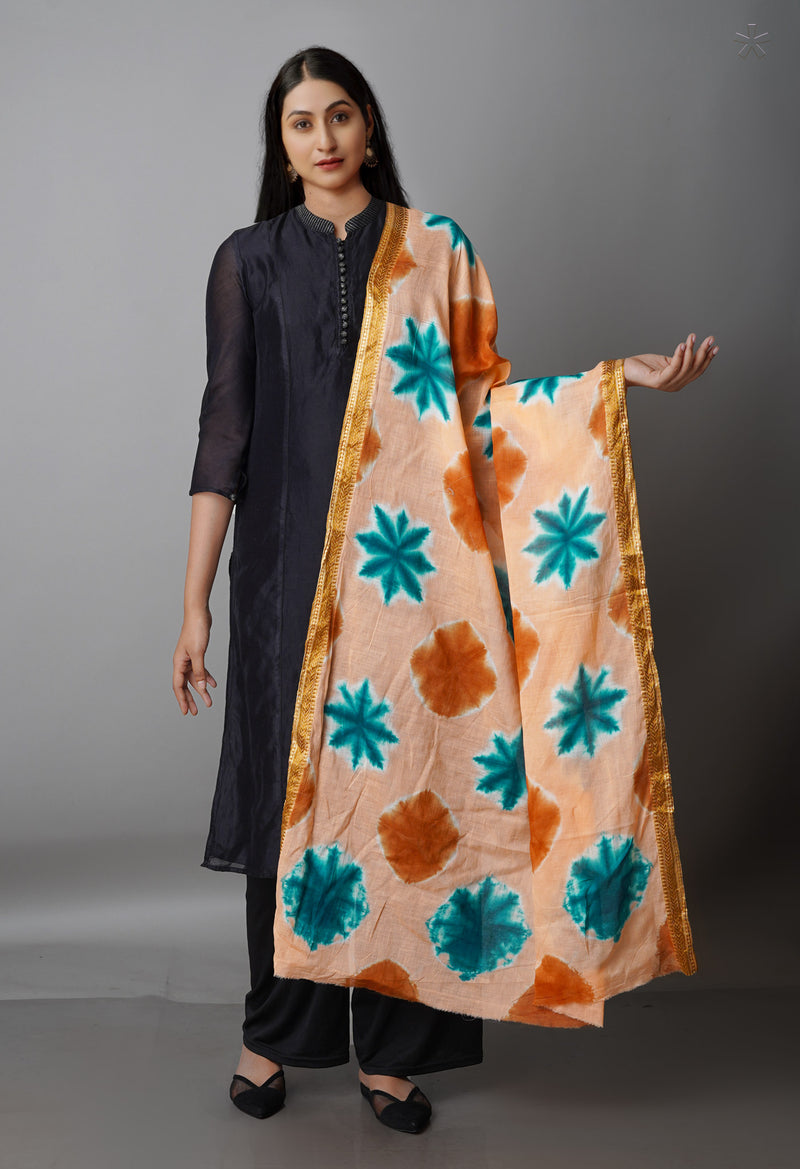 Peach Orange Pure Tie- Dye Shibori Cotton Dupatta-UDS3803