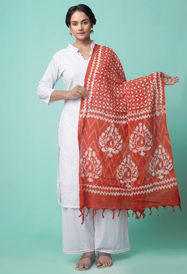 Online Shopping for Red Pure Dabu Printed  Rajasthani Cotton Dupatta with Dabu prints from Rajasthan at Unnatisilks.com India
