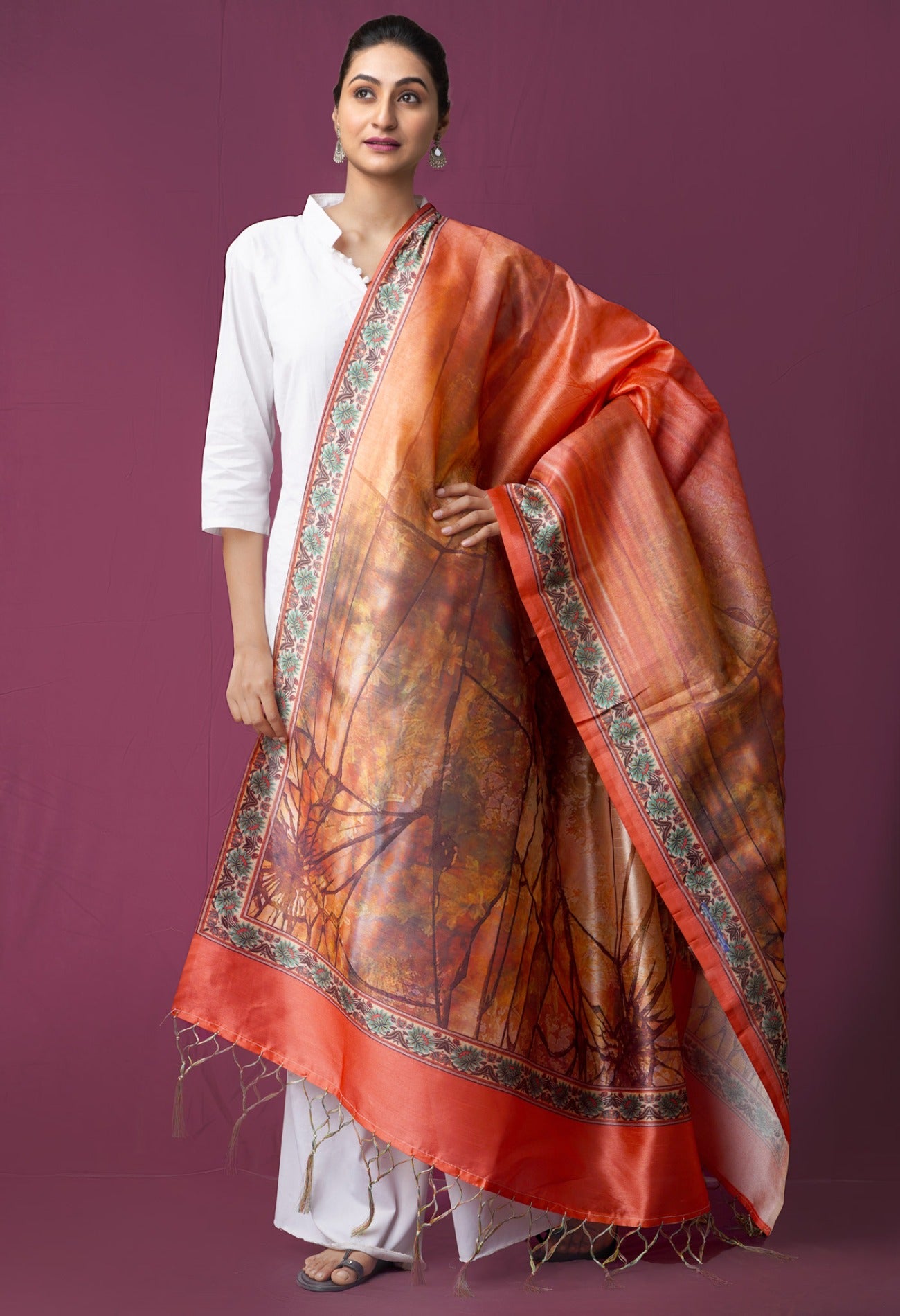 Online Shopping for Orange Digital Printed Art Silk Dupatta with Digital Prints from Rajasthan at Unnatisilks.comIndia