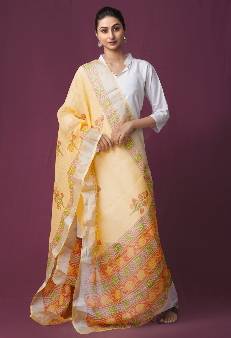 Online Shopping for Orange Jaipuri Hand Block Printed Pure Handloom Linen Dupatta with Jaipuri Hand Block Prints from Chattisgarh at Unnatisilks.comIndia