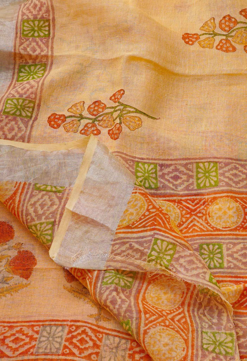 Orange Jaipuri Hand Block Printed Pure Handloom Linen Dupatta
