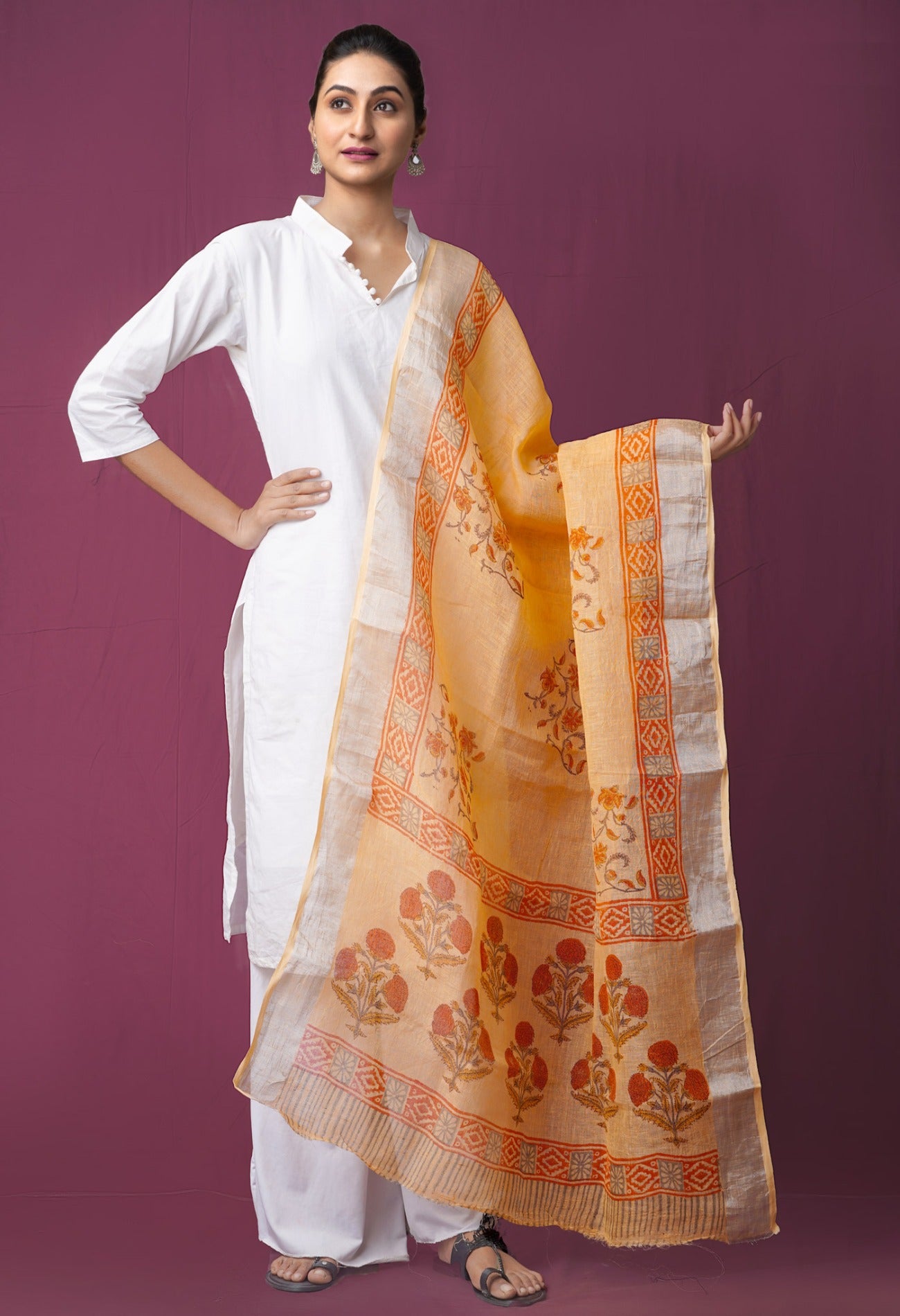 Online Shopping for Orange Jaipuri Hand Block Printed Pure Handloom Linen Dupatta with Jaipuri Hand Block Prints from Chattisgarh at Unnatisilks.comIndia