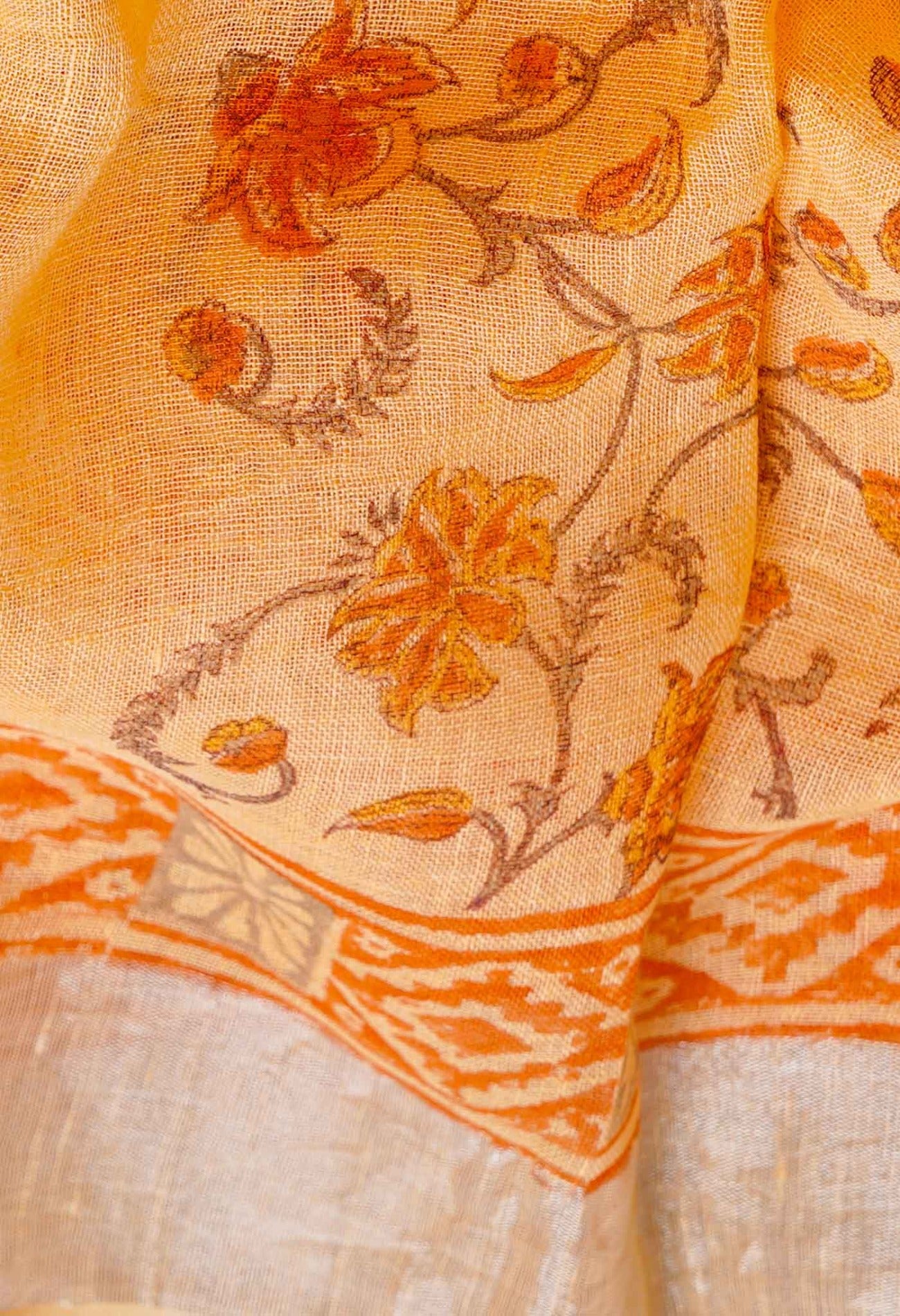 Orange Jaipuri Hand Block Printed Pure Handloom Linen Dupatta-UDS2257