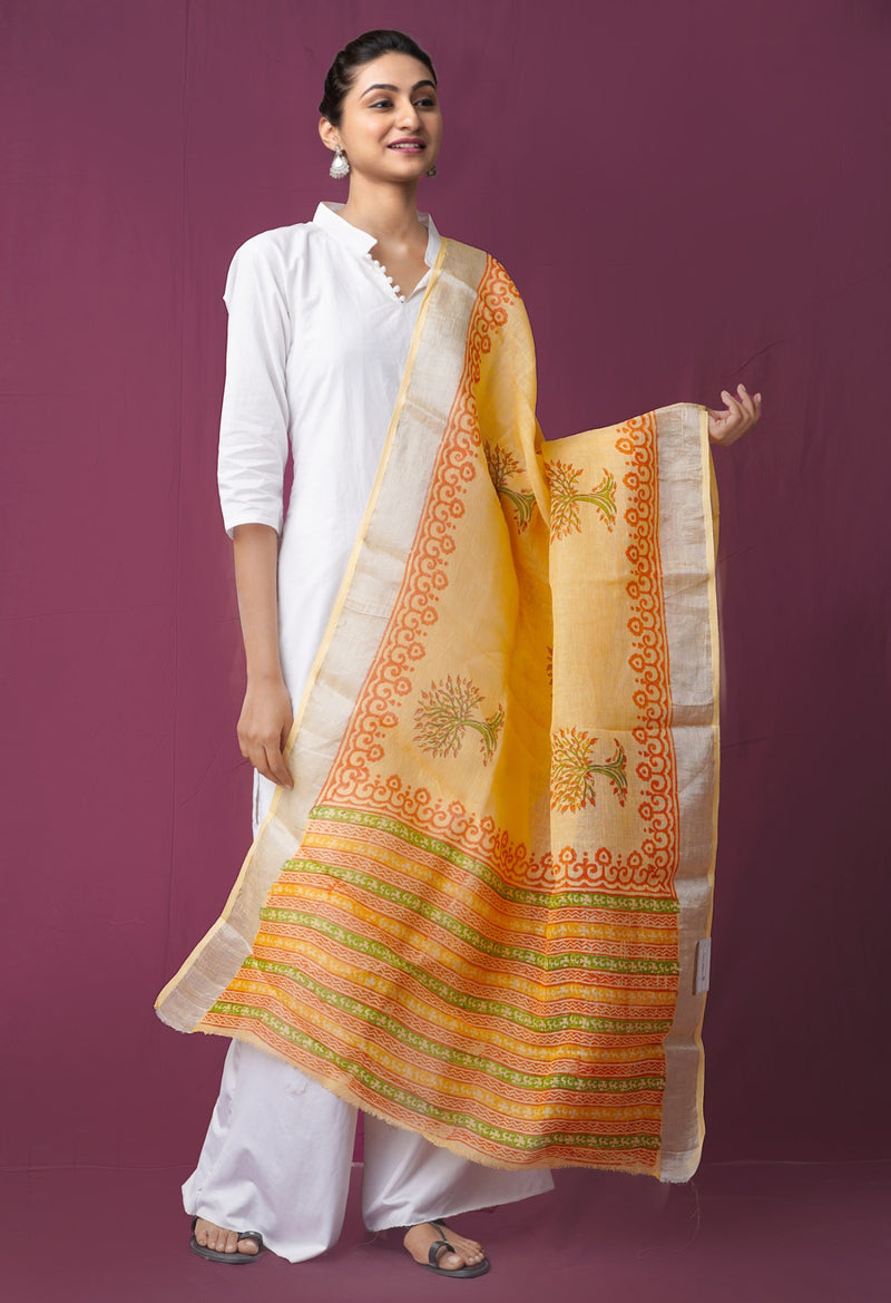 Online Shopping for Orange Jaipuri Hand Block Printed Pure Handloom Linen Dupatta with Jaipuri Hand Block Prints. from Chattisgarh at Unnatisilks.comIndia