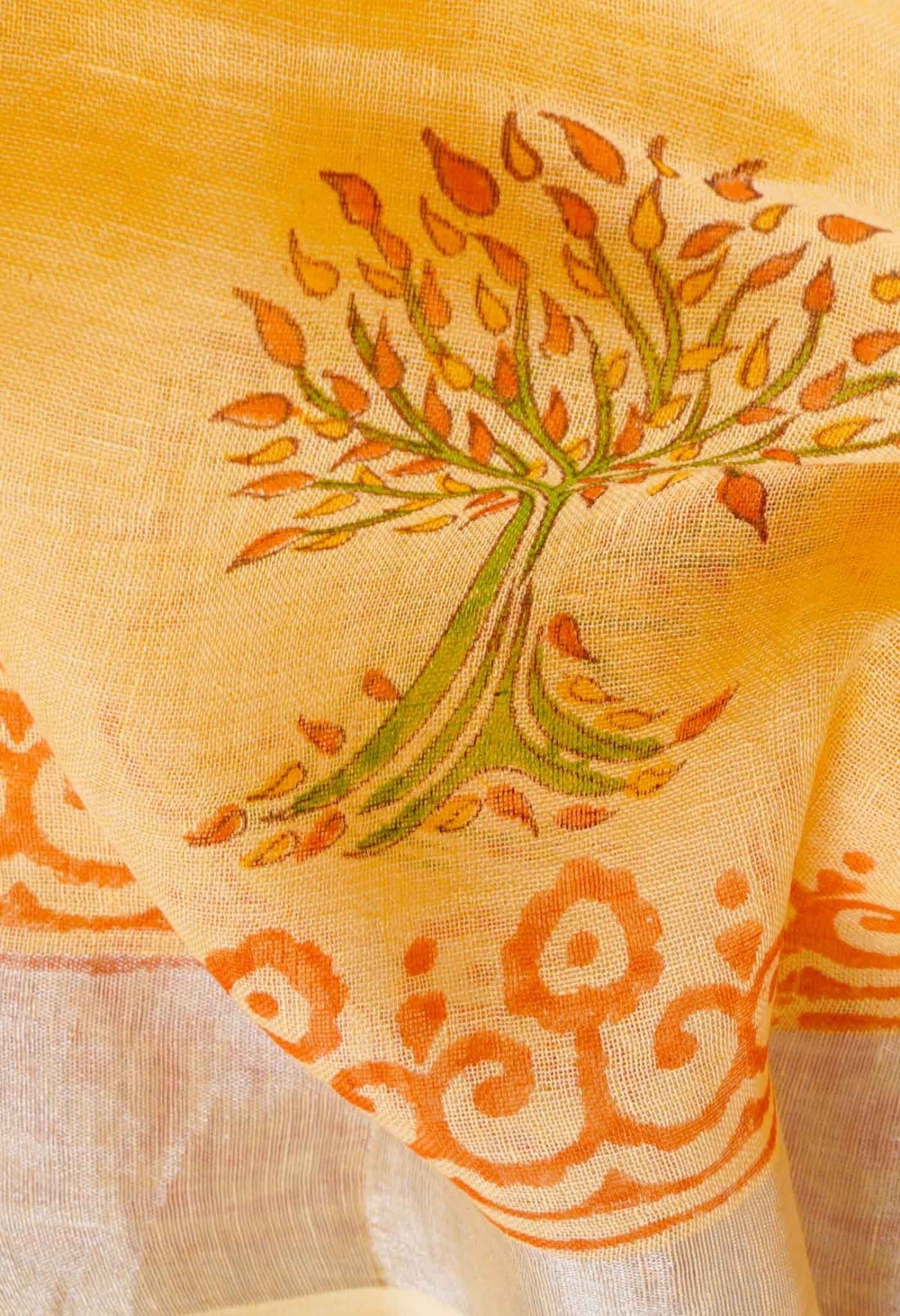 Orange Jaipuri Hand Block Printed Pure Handloom Linen Dupatta-UDS2261