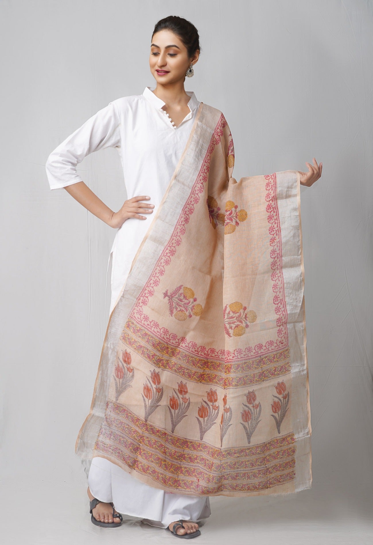 Online Shopping for Brown Jaipuri Hand Block Printed Pure Handloom Linen Dupatta with Jaipuri Hand Block Prints from Chattisgarh at Unnatisilks.comIndia