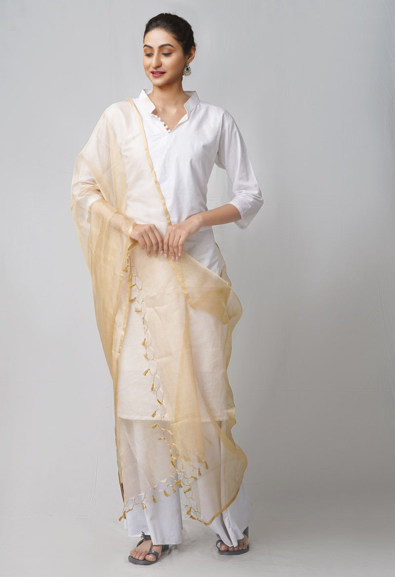 Online Shopping for Cream Pure Handloom Kota Doria Tissue Dupatta with Tassels with Weaving from Rajasthan at Unnatisilks.comIndia