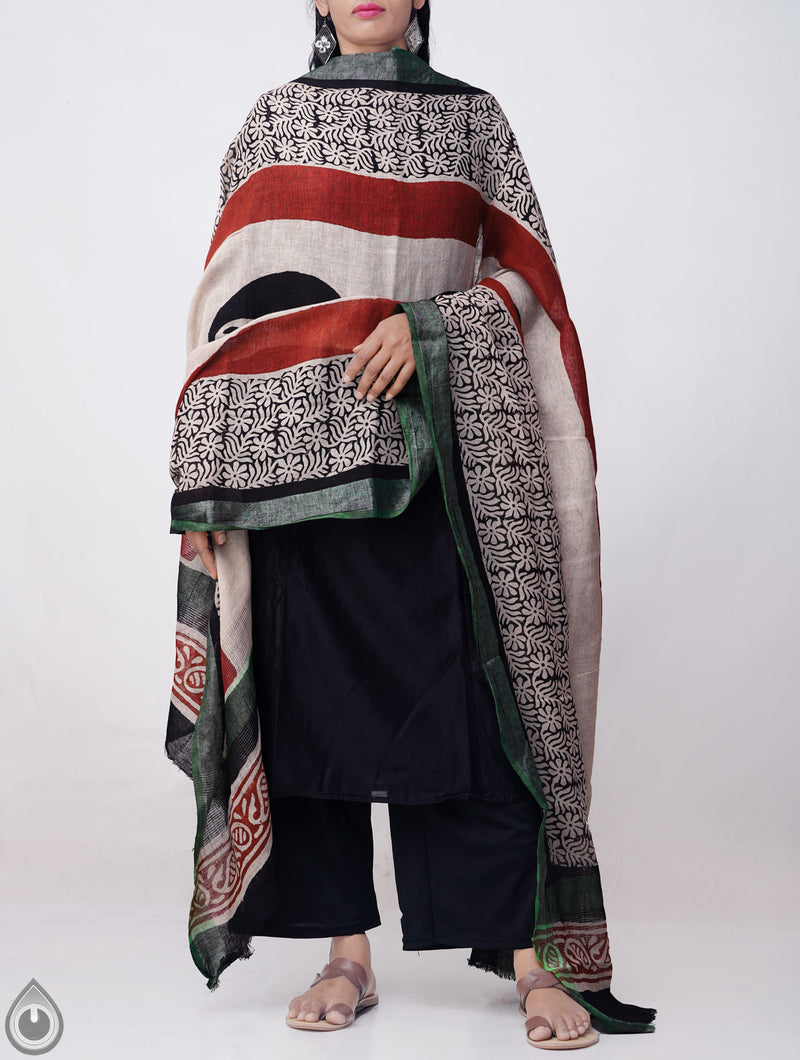 Online Shopping for Ivory Bagru Printed Pure Linen Dupatta with Bagru Prints from Chattisgarh at Unnatisilks.comIndia