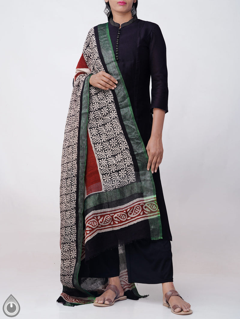 Online Shopping for Ivory Bagru Printed Pure Linen Dupatta with Bagru Prints from Chattisgarh at Unnatisilks.comIndia