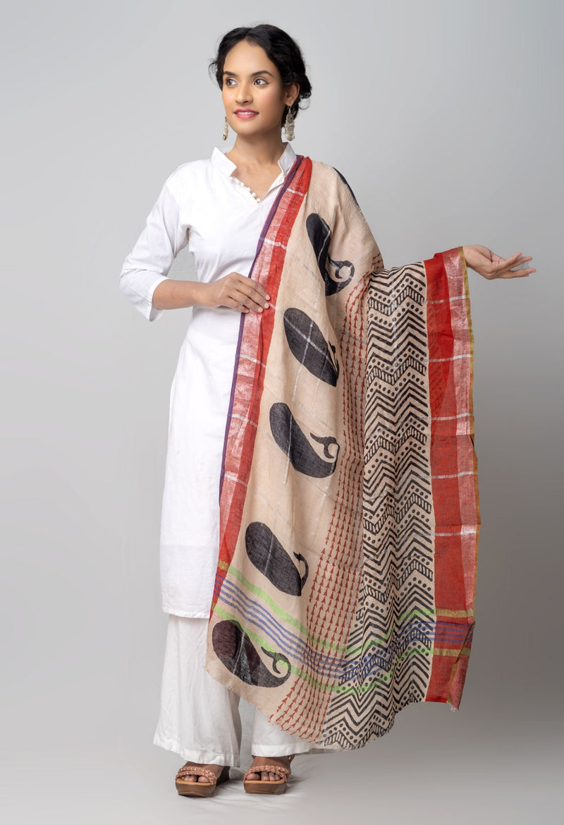 Online Shopping for Ivory Bagru Printed Pure Linen Checks Dupatta with Bagru Prints from Chattisgarh at Unnatisilks.comIndia