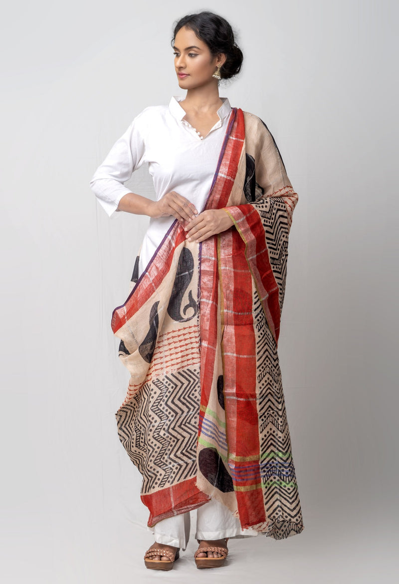Online Shopping for Ivory Bagru Printed Pure Linen Checks Dupatta with Bagru Prints from Chattisgarh at Unnatisilks.comIndia