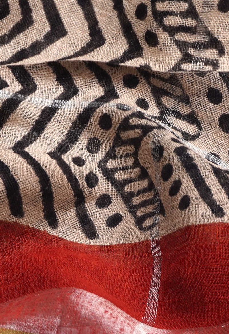 Ivory Bagru Printed Pure Linen Checks Dupatta