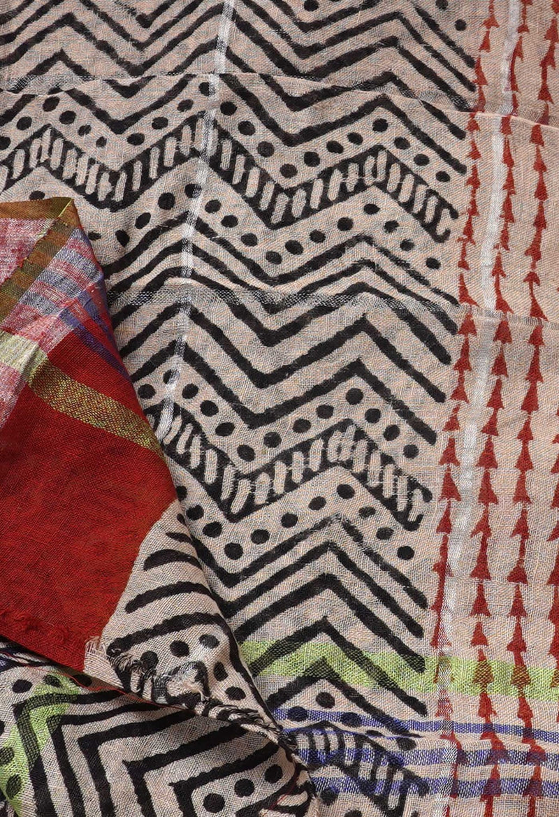 Online Shopping for Ivory Bagru Printed Pure Linen Checks Dupatta with Bagru Prints from Chattisgarh at Unnatisilks.comIndia