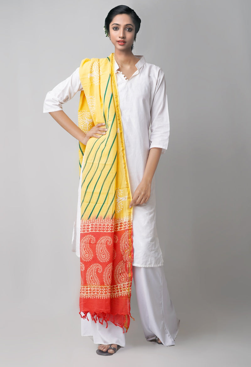 Online Shopping for Yellow Chanderi Cotton Dupatta with Hand Block Prints with Hand Block Prints from Madhya Pradesh at Unnatisilks.comIndia