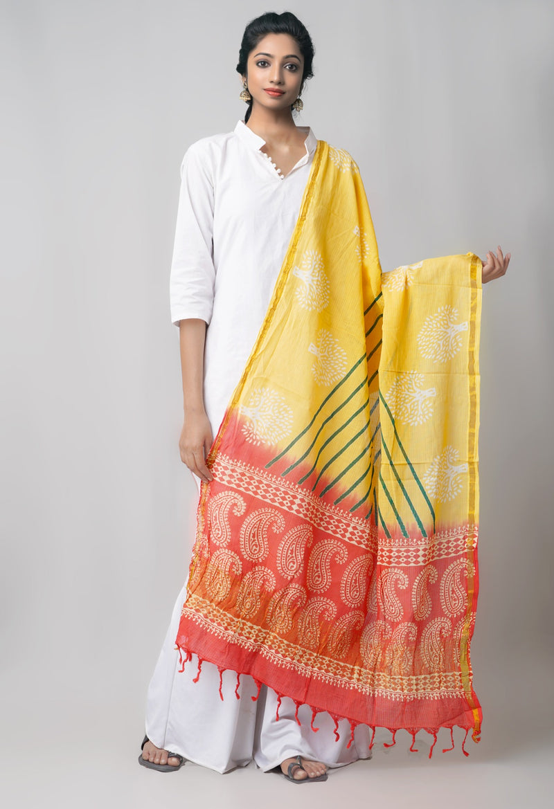 Online Shopping for Yellow Chanderi Cotton Dupatta with Hand Block Prints with Hand Block Prints from Madhya Pradesh at Unnatisilks.comIndia