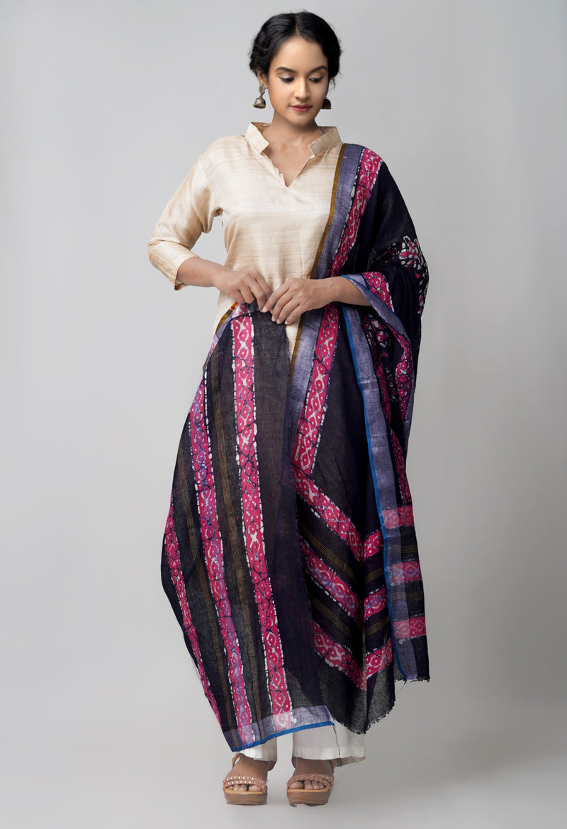 Online Shopping for Black Pure Hand Batik Linen Dupatta with Hand Block Prints from Chattisgarh at Unnatisilks.comIndia