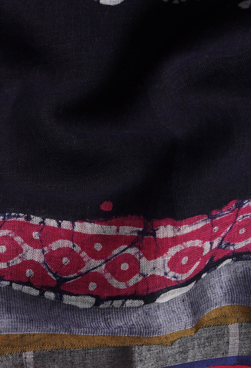 Online Shopping for Black Pure Hand Batik Linen Dupatta with Hand Block Prints from Chattisgarh at Unnatisilks.comIndia