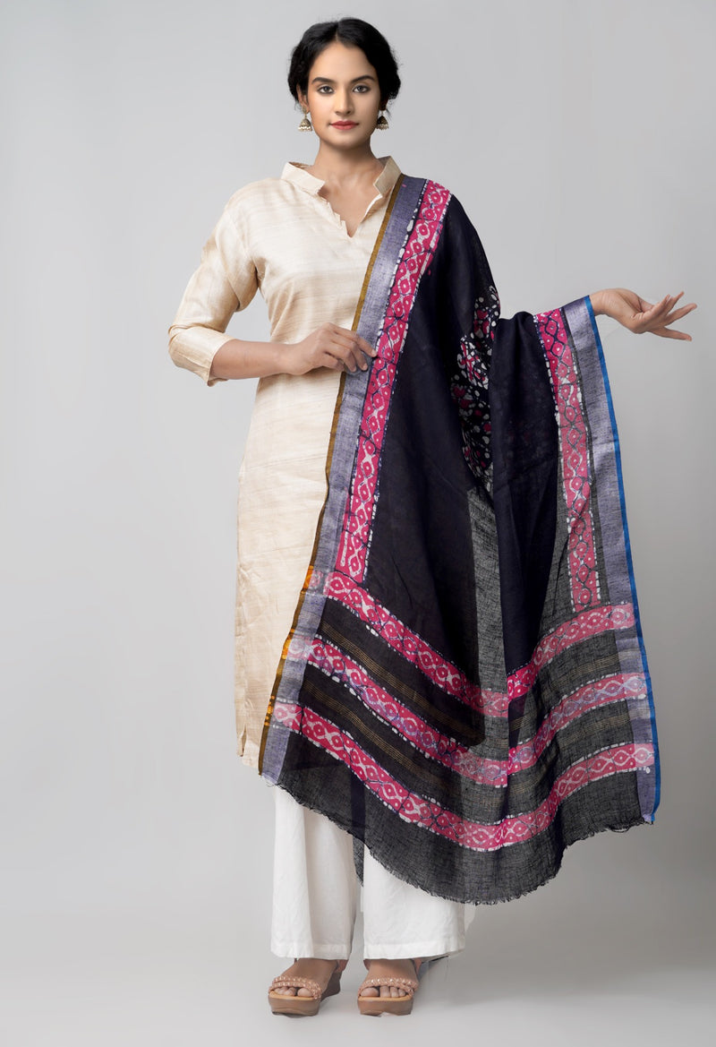 Online Shopping for Black Pure Hand Batik Linen Dupatta with Hand Block Prints from Chattisgarh at Unnatisilks.comIndia