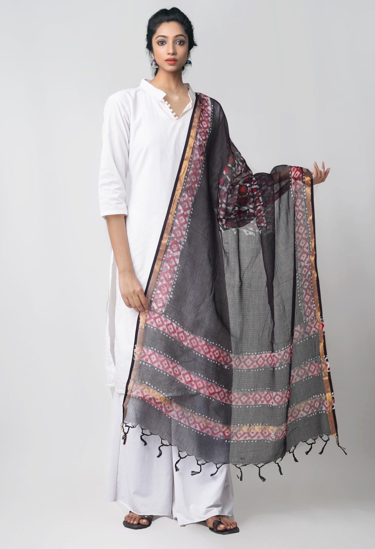 Online Shopping for Black Pure Hand Batik Kota Cotton Dupatta with Hand Block Prints from Rajasthan at Unnatisilks.comIndia
