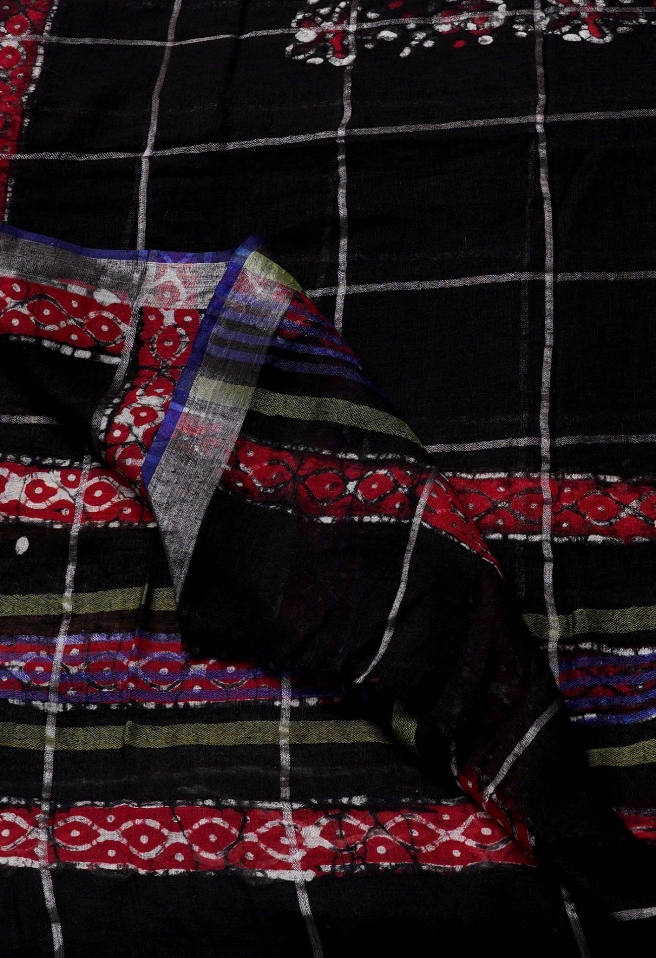 Online Shopping for Black Pure Hand Batik Linen Dupatta with Hand Batik Prints from Rajasthan at Unnatisilks.comIndia