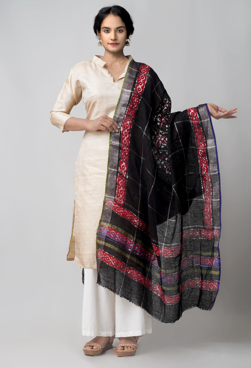 Online Shopping for Black Pure Linen Dupatta with Hand Batik Prints from Rajasthan at Unnatisilks.comIndia