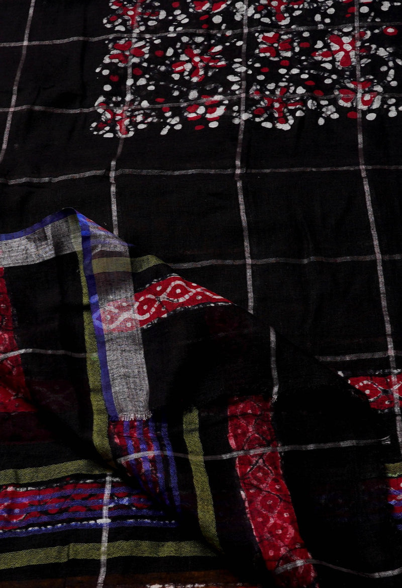 Online Shopping for Black Pure Linen Dupatta with Hand Batik Prints from Rajasthan at Unnatisilks.comIndia