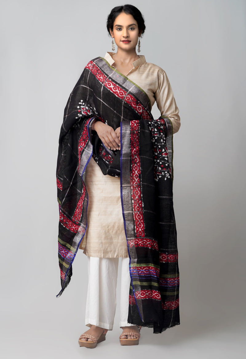 Online Shopping for Black Pure Linen Dupatta with Hand Batik Prints from Rajasthan at Unnatisilks.comIndia