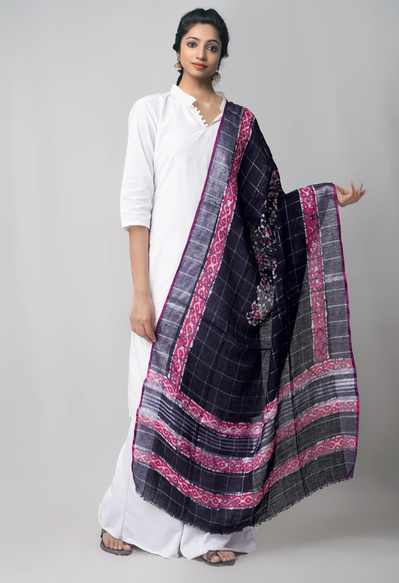 Online Shopping for Blue Pure Linen Dupatta with Hand Batik Prints from Rajasthan at Unnatisilks.comIndia
