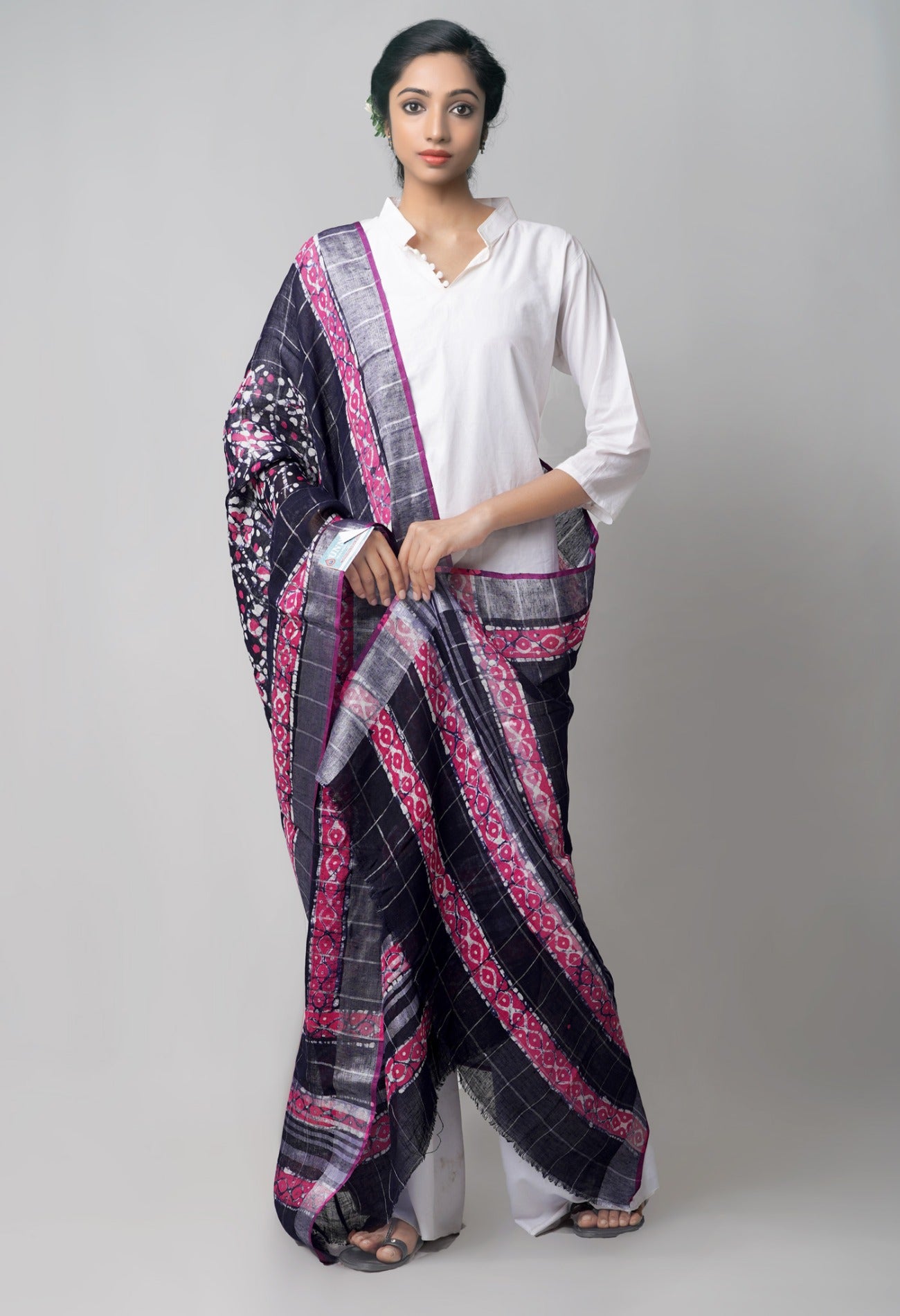 Online Shopping for Blue Pure Linen Dupatta with Hand Batik Prints from Rajasthan at Unnatisilks.comIndia