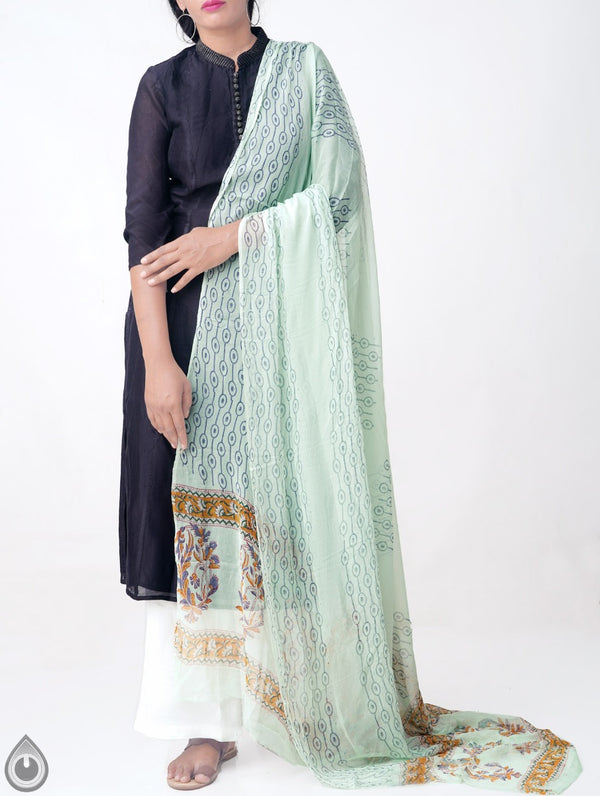 Online Shopping for Green Pure Chiffon Dupatta with Sanganer Jaal Hand block prints with Hand Block Prints. from Punjab at Unnatisilks.comIndia
