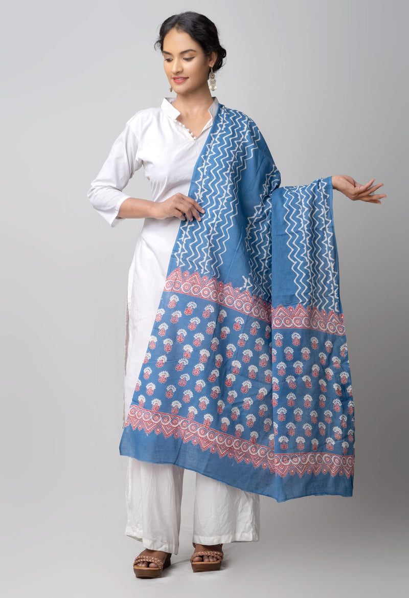 Online Shopping for Blue Pure Andhra Cotton Dupatta with Hand block prints with Hand Block Prints. from Andhra Pradesh at Unnatisilks.comIndia
