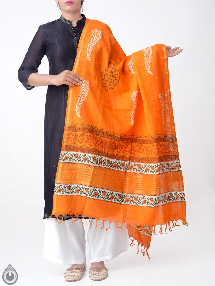 Orange Pure Andhra Cotton Dupatta with Hand block prints