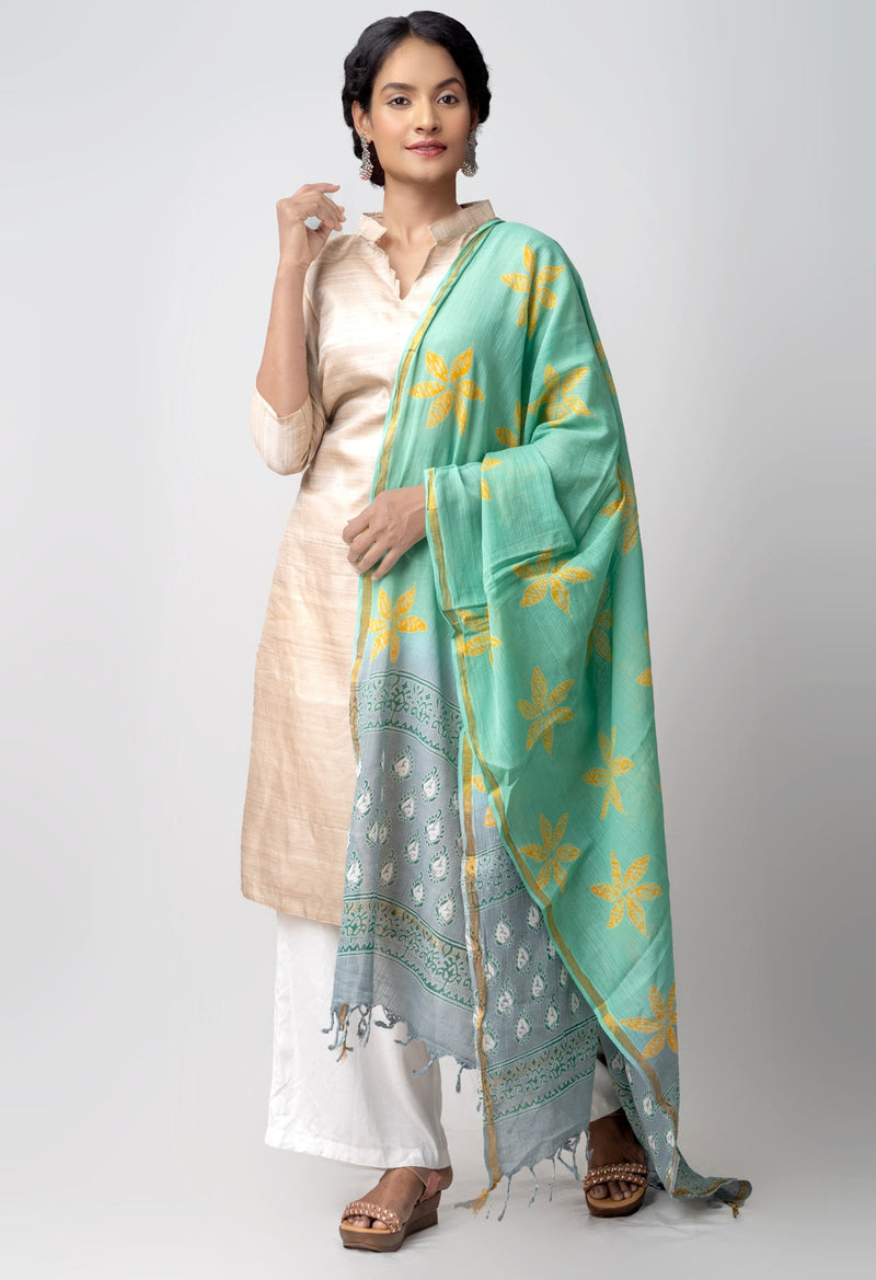 Grey Green Chanderi Cotton Dupatta with Hand Block Prints-UDS2853