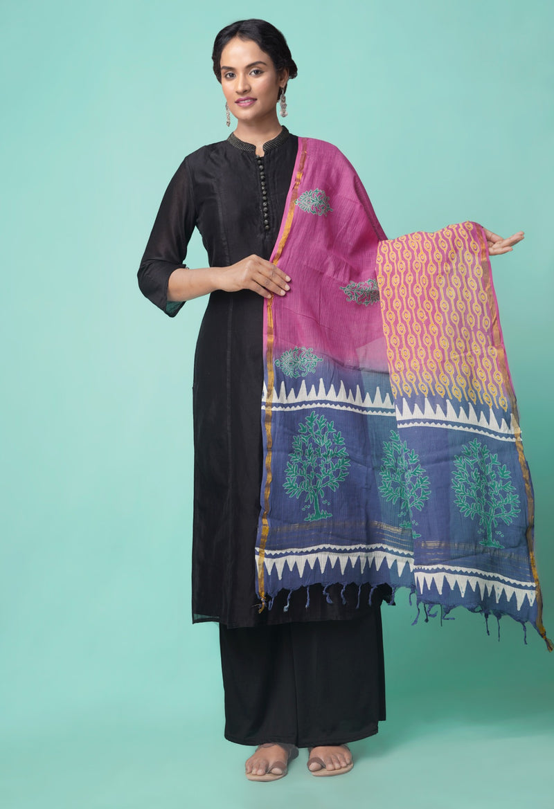 Online Shopping for Pink Chanderi Cotton Dupatta with Hand Block Prints with Hand Block Prints from Madhya Pradesh at Unnatisilks.comIndia
