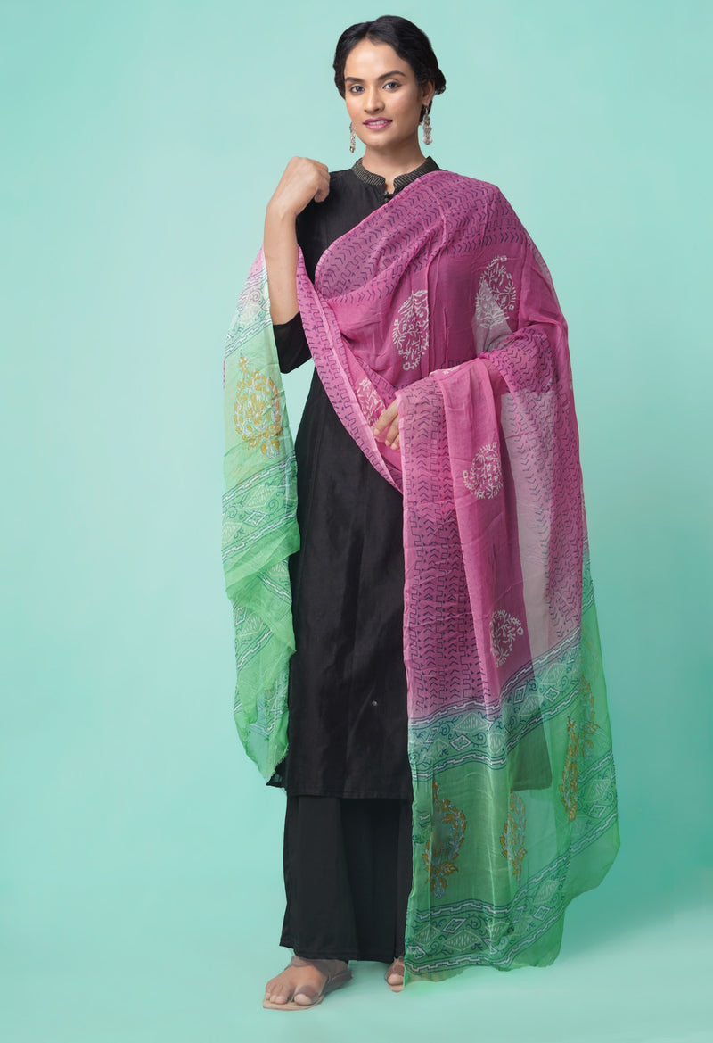 Pink Sanganer Jaal Hand Block Printed Pure Georgett Chiffon Dupatta