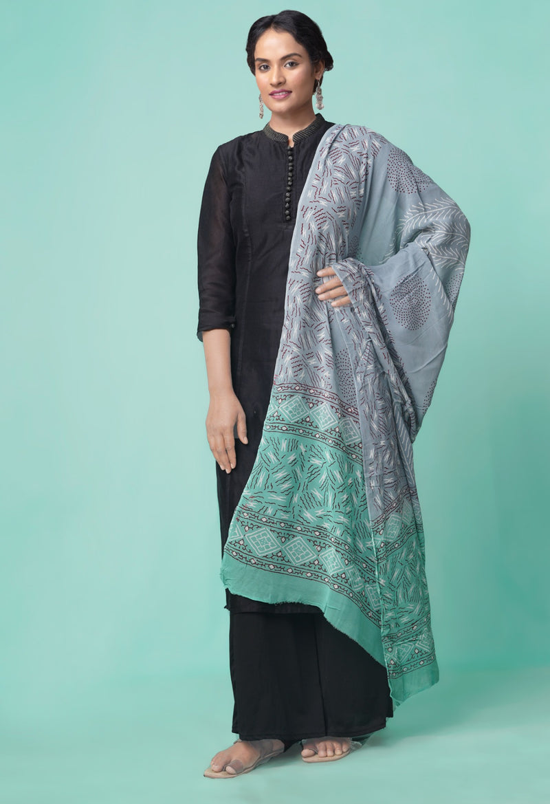 Grey Sanganer Jaal Hand Block Printed Pure Georgett Chiffon Dupatta