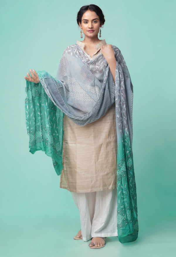Grey Sanganer Jaal Hand Block Printed Pure Georgett Chiffon Dupatta